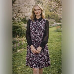 Nanette Lepore Black and Pink Floral With Sheer Long Sleeves Dress